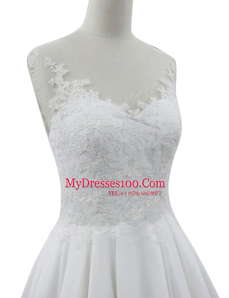 White Zipper V-neck Lace Wedding Dresses Chiffon Sleeveless Court Train