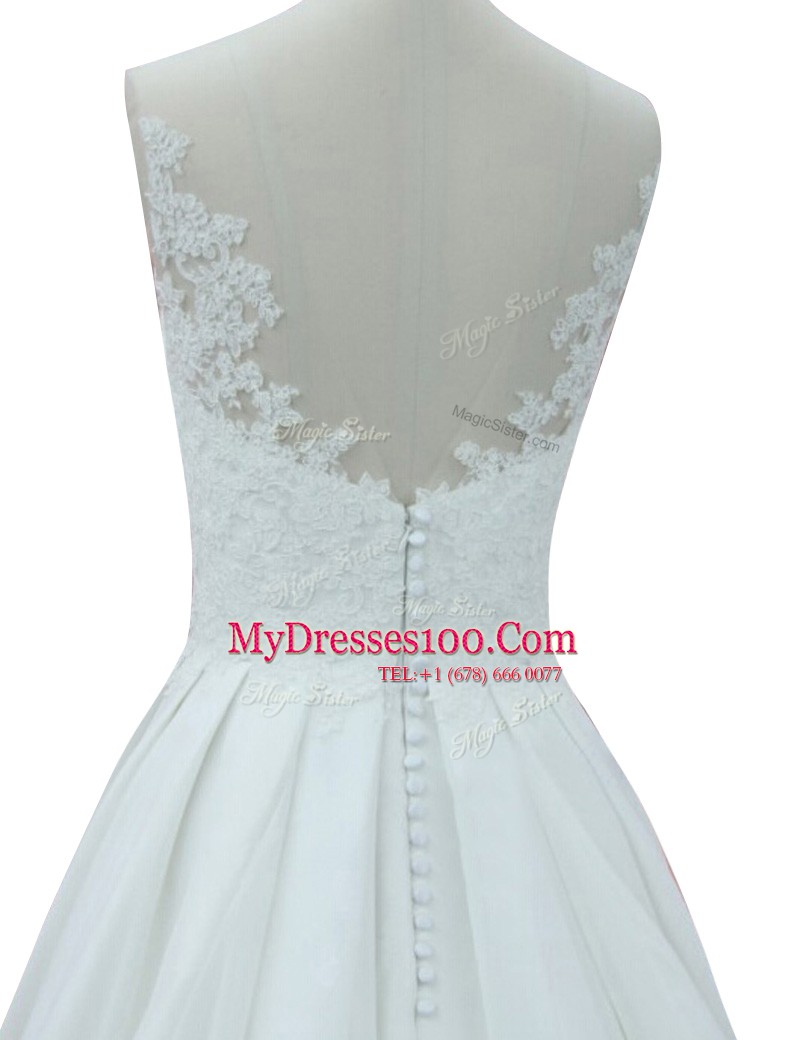 White Zipper V-neck Lace Wedding Dresses Chiffon Sleeveless Court Train