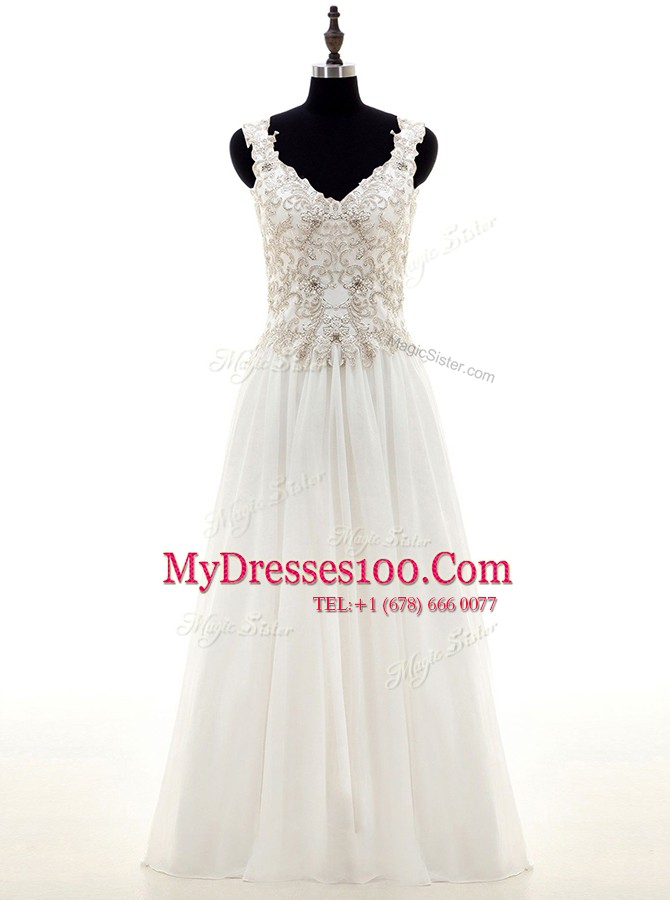 Dazzling Chiffon Long Sleeves Floor Length Wedding Dress and Beading and Lace and Appliques