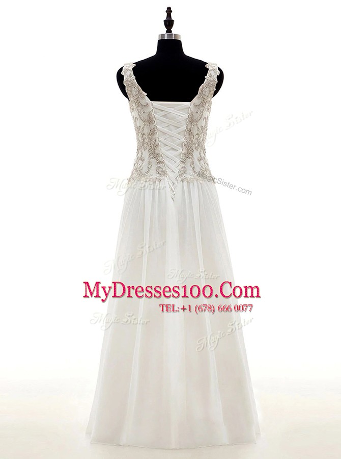 Dazzling Chiffon Long Sleeves Floor Length Wedding Dress and Beading and Lace and Appliques