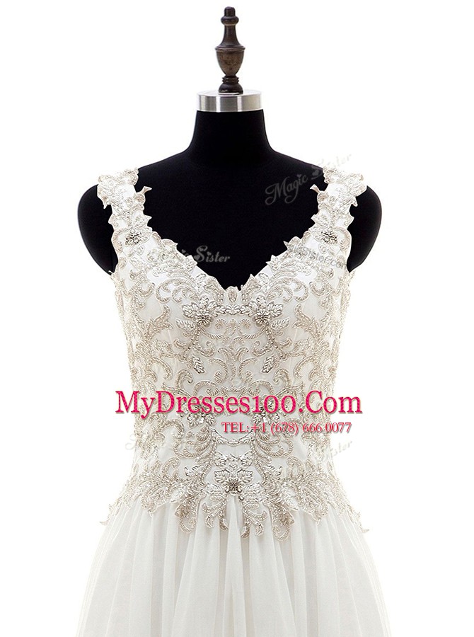 Dazzling Chiffon Long Sleeves Floor Length Wedding Dress and Beading and Lace and Appliques