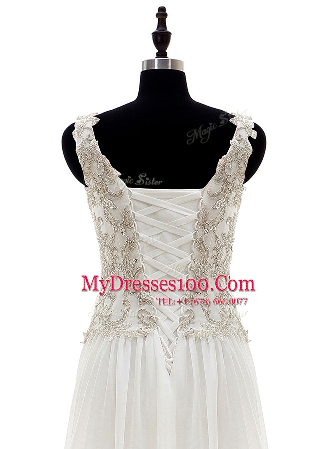 Dazzling Chiffon Long Sleeves Floor Length Wedding Dress and Beading and Lace and Appliques