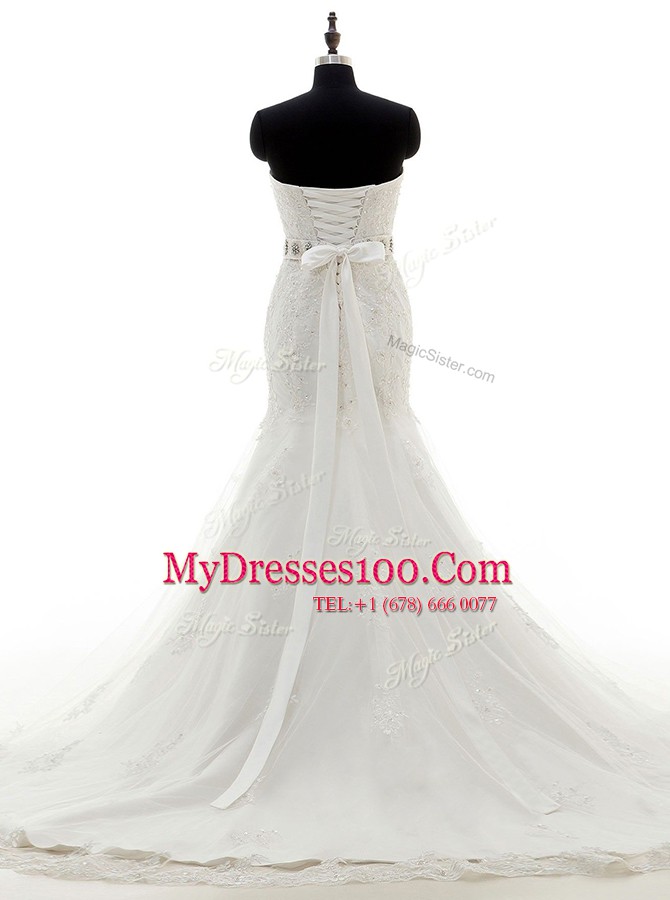 Eye-catching Mermaid Sleeveless Brush Train Lace Up With Train Beading and Sashes ribbons Wedding Dresses