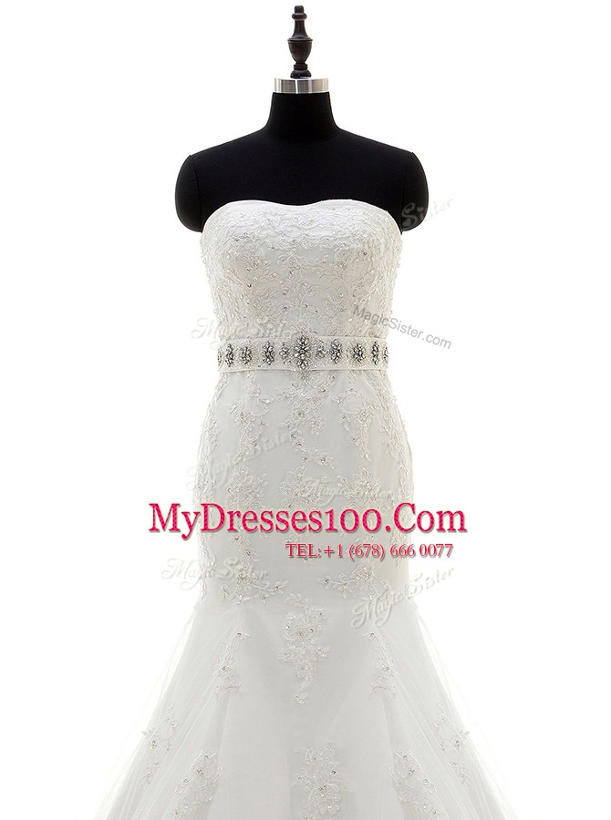 Eye-catching Mermaid Sleeveless Brush Train Lace Up With Train Beading and Sashes ribbons Wedding Dresses
