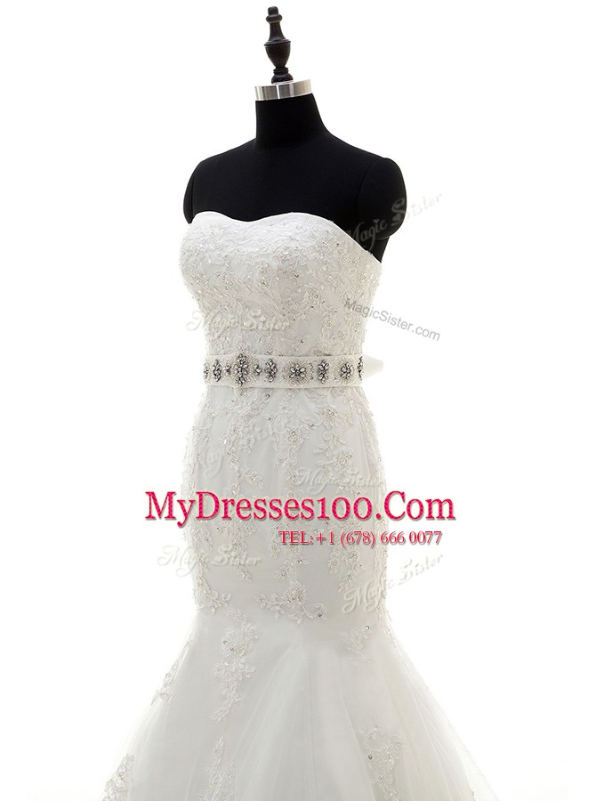 Eye-catching Mermaid Sleeveless Brush Train Lace Up With Train Beading and Sashes ribbons Wedding Dresses