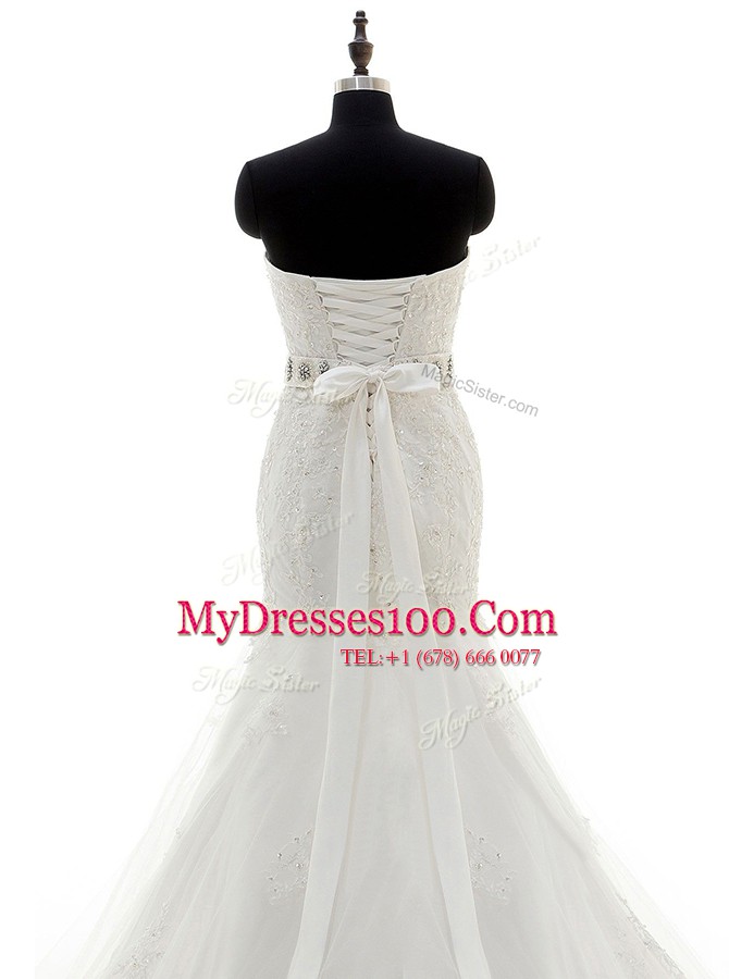 Eye-catching Mermaid Sleeveless Brush Train Lace Up With Train Beading and Sashes ribbons Wedding Dresses