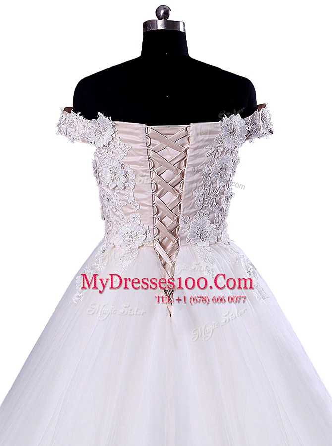 Artistic Floor Length White Wedding Dresses Off The Shoulder Sleeveless Lace Up