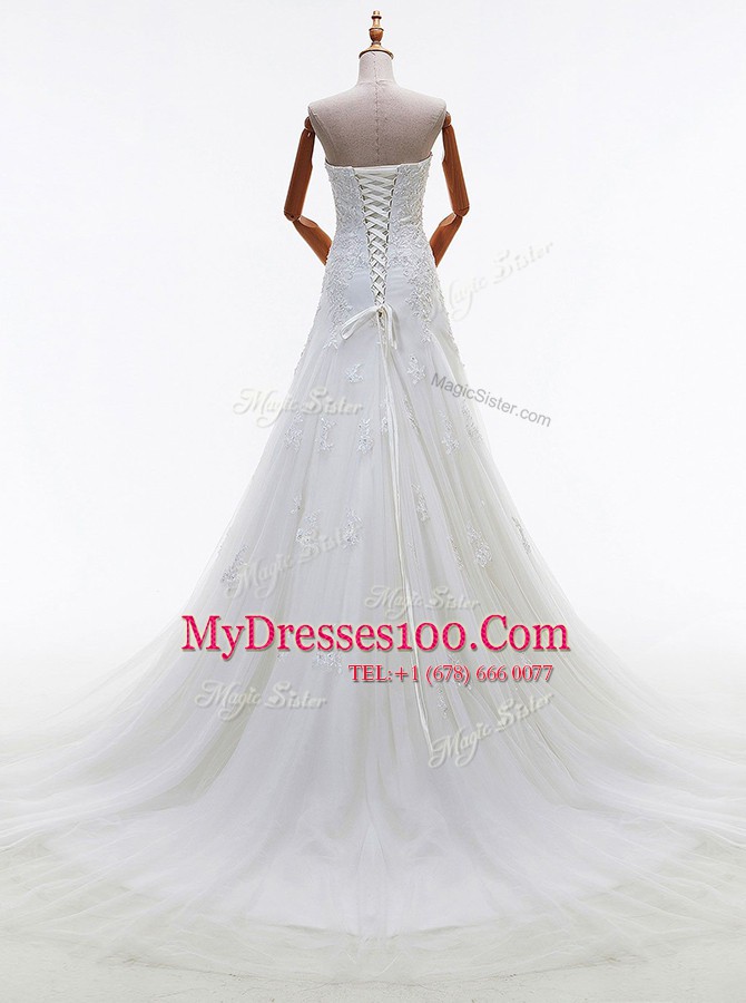 Admirable Beading and Lace and Appliques Wedding Dresses White Lace Up Sleeveless With Train Court Train