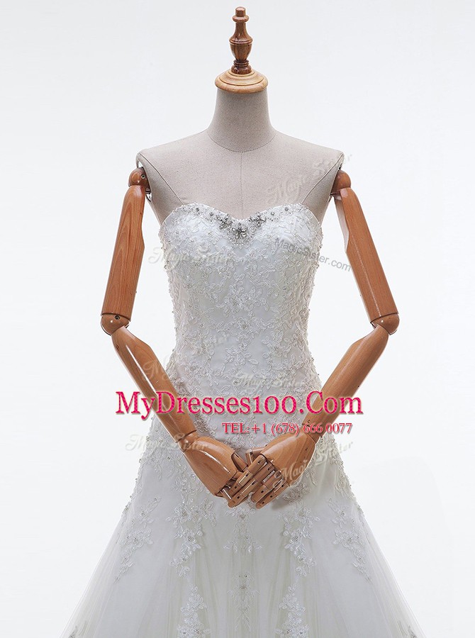 Admirable Beading and Lace and Appliques Wedding Dresses White Lace Up Sleeveless With Train Court Train