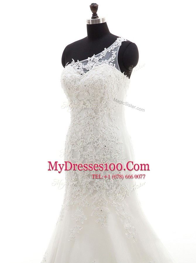 Mermaid One Shoulder Sleeveless Lace Wedding Dress Lace Court Train Lace Up