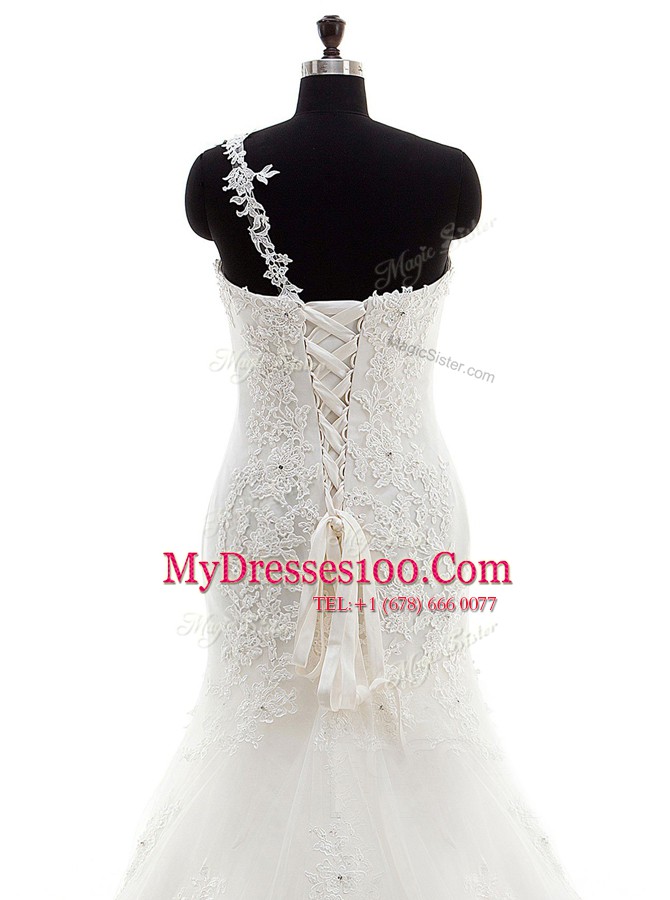 Mermaid One Shoulder Sleeveless Lace Wedding Dress Lace Court Train Lace Up