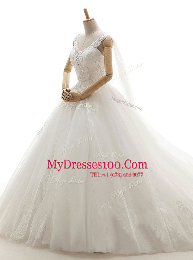 With Train Lace Up Wedding Dress White for Wedding Party with Lace Chapel Train