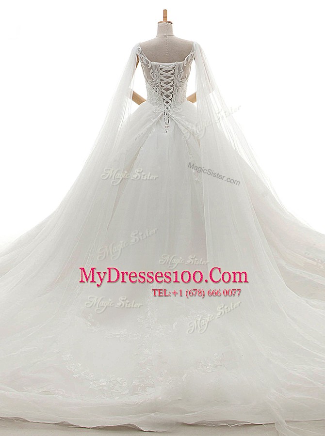 With Train Lace Up Wedding Dress White for Wedding Party with Lace Chapel Train
