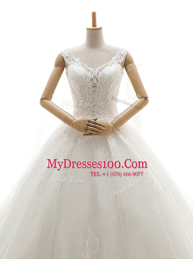 With Train Lace Up Wedding Dress White for Wedding Party with Lace Chapel Train