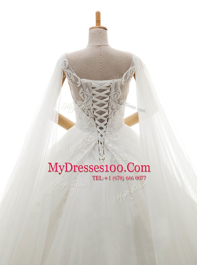 With Train Lace Up Wedding Dress White for Wedding Party with Lace Chapel Train