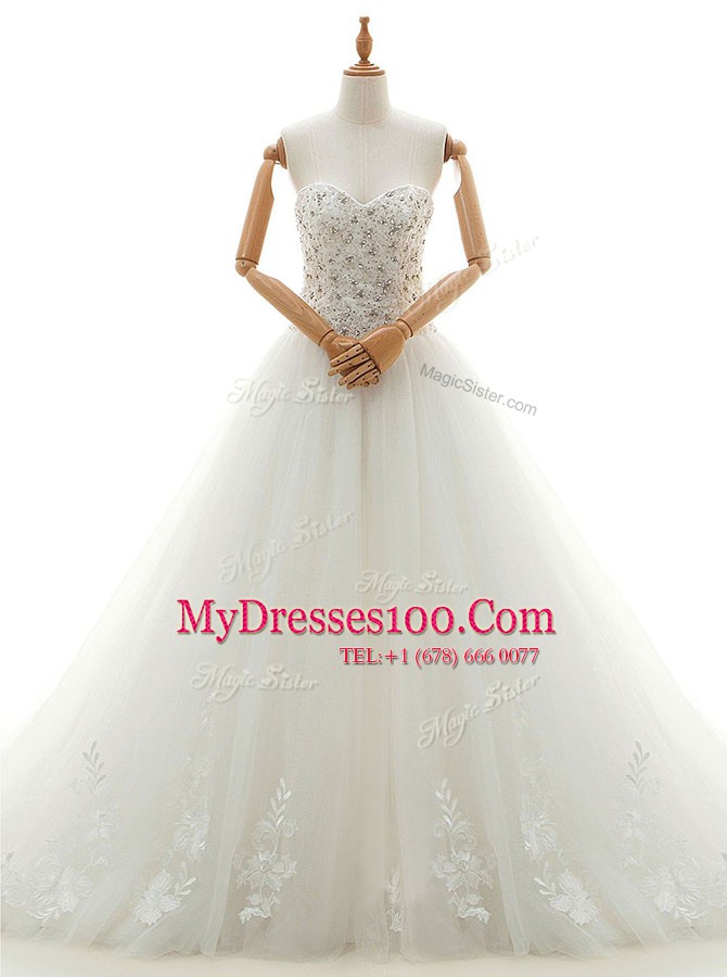Beauteous Sweetheart Sleeveless Chapel Train Lace Up Wedding Gown White Tulle