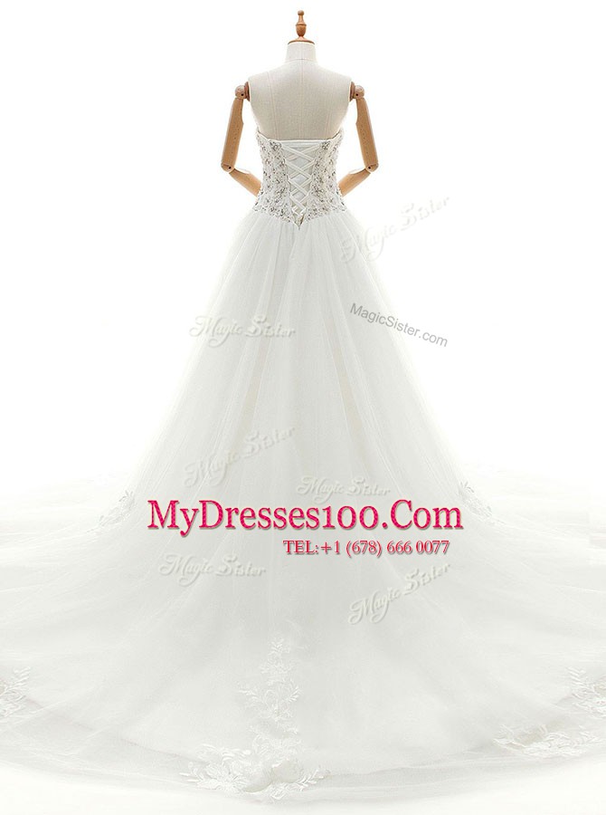 Beauteous Sweetheart Sleeveless Chapel Train Lace Up Wedding Gown White Tulle