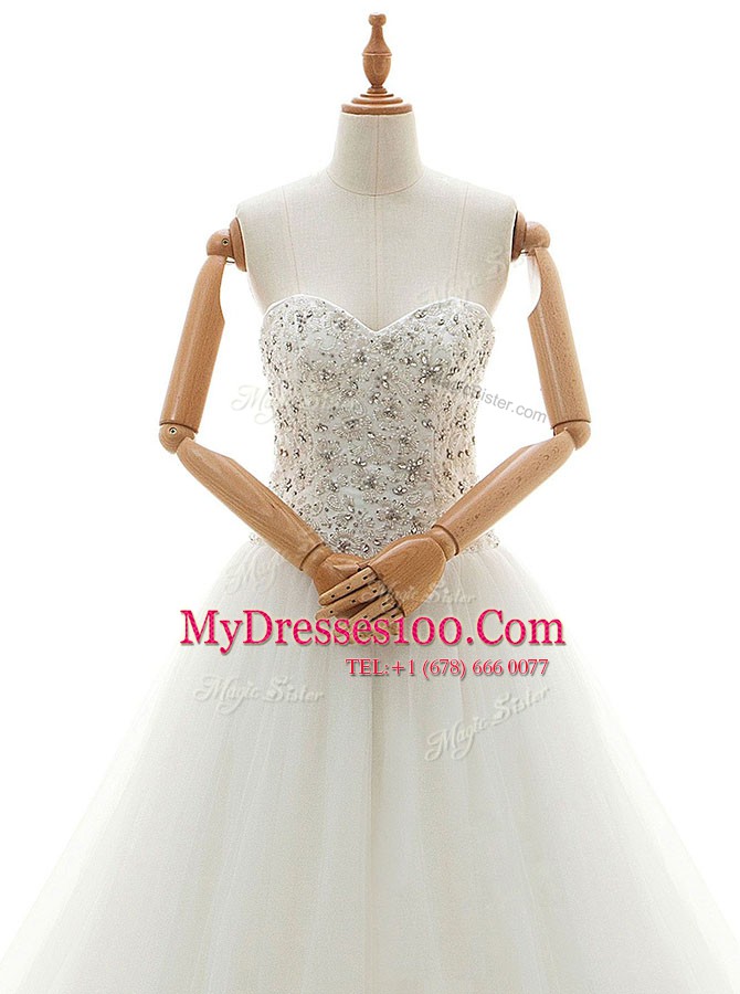 Beauteous Sweetheart Sleeveless Chapel Train Lace Up Wedding Gown White Tulle