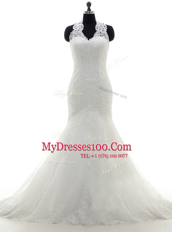 Comfortable Mermaid V-neck Sleeveless Lace Wedding Gown Lace and Appliques Brush Train Lace Up