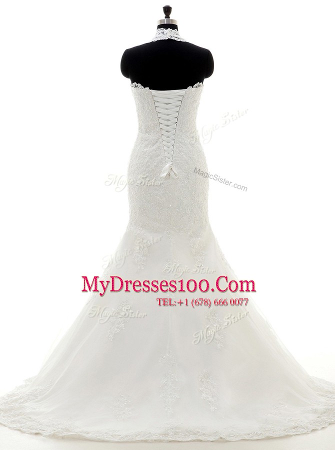 Comfortable Mermaid V-neck Sleeveless Lace Wedding Gown Lace and Appliques Brush Train Lace Up