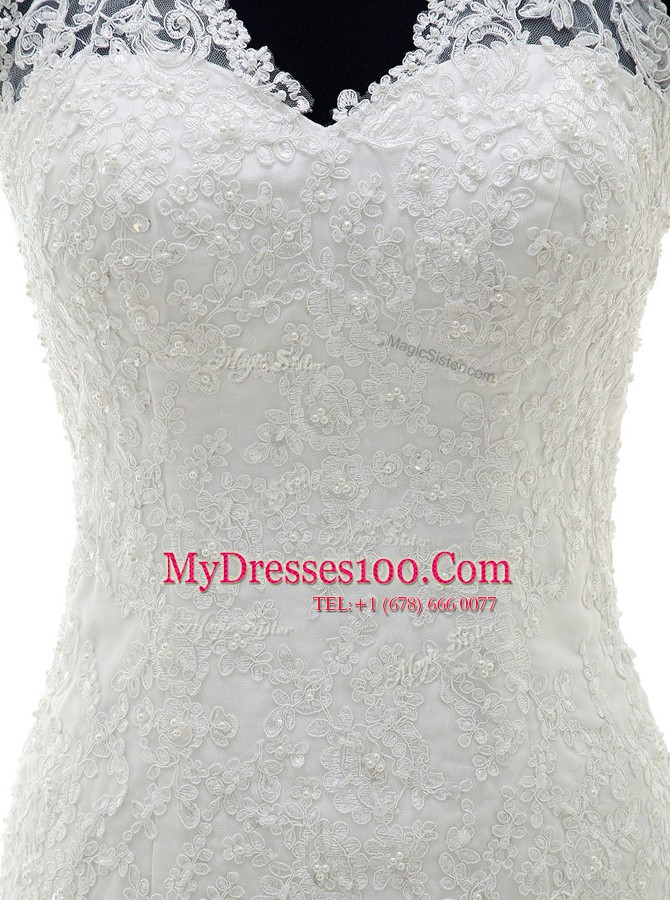 Comfortable Mermaid V-neck Sleeveless Lace Wedding Gown Lace and Appliques Brush Train Lace Up