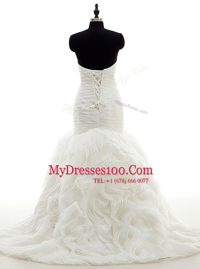 Fitting Brush Train Mermaid Wedding Gowns White Sweetheart Organza Sleeveless Lace Up