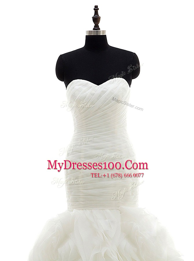 Fitting Brush Train Mermaid Wedding Gowns White Sweetheart Organza Sleeveless Lace Up