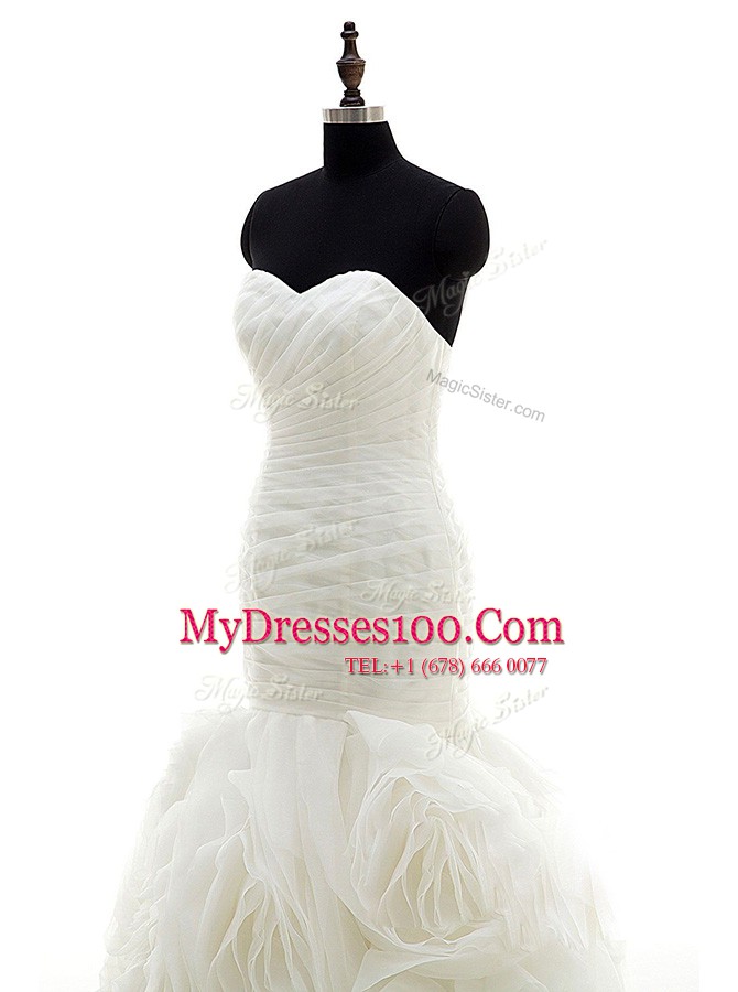 Fitting Brush Train Mermaid Wedding Gowns White Sweetheart Organza Sleeveless Lace Up