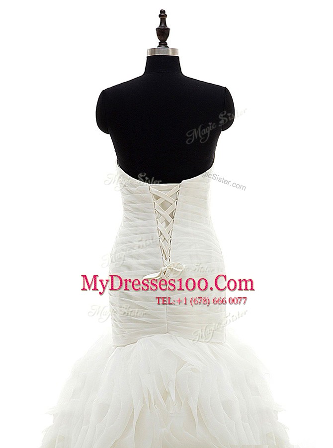 Fitting Brush Train Mermaid Wedding Gowns White Sweetheart Organza Sleeveless Lace Up