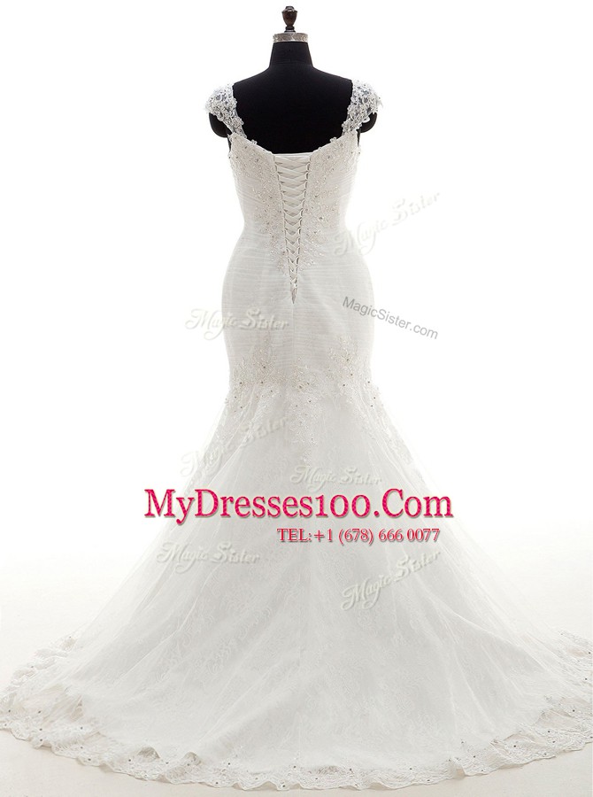 Dynamic Mermaid White Tulle Lace Up Sweetheart Cap Sleeves With Train Wedding Gown Brush Train Beading and Appliques