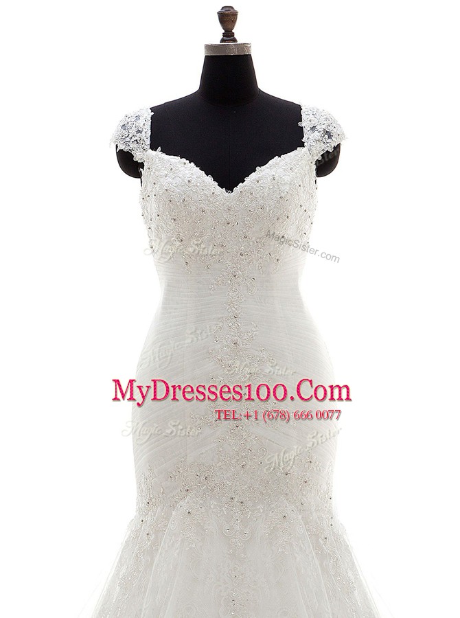 Dynamic Mermaid White Tulle Lace Up Sweetheart Cap Sleeves With Train Wedding Gown Brush Train Beading and Appliques