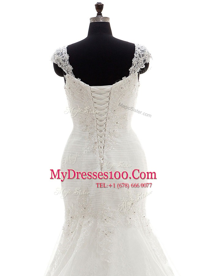Dynamic Mermaid White Tulle Lace Up Sweetheart Cap Sleeves With Train Wedding Gown Brush Train Beading and Appliques