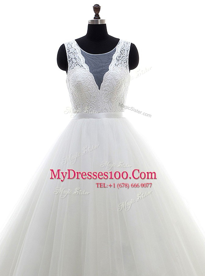Latest Scoop White A-line Lace Wedding Dresses Clasp Handle Tulle Sleeveless With Train