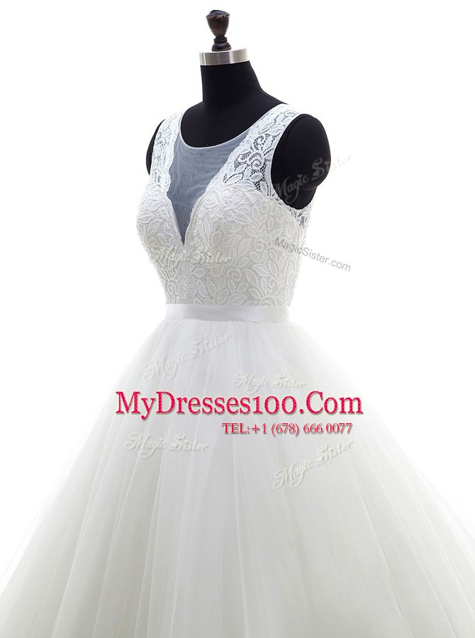 Latest Scoop White A-line Lace Wedding Dresses Clasp Handle Tulle Sleeveless With Train