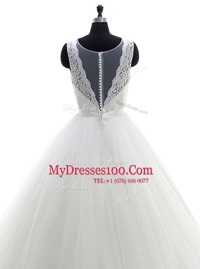 Latest Scoop White A-line Lace Wedding Dresses Clasp Handle Tulle Sleeveless With Train
