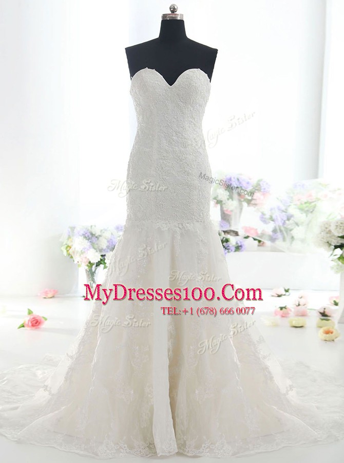 White Mermaid Lace Sweetheart Sleeveless Lace With Train Backless Wedding Gown Brush Train