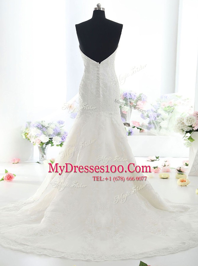 White Mermaid Lace Sweetheart Sleeveless Lace With Train Backless Wedding Gown Brush Train