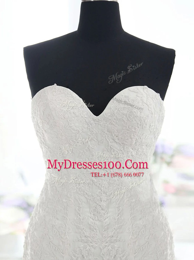 White Mermaid Lace Sweetheart Sleeveless Lace With Train Backless Wedding Gown Brush Train