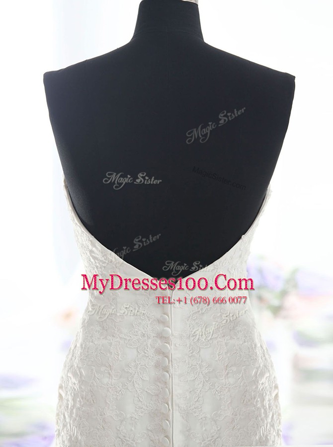 White Mermaid Lace Sweetheart Sleeveless Lace With Train Backless Wedding Gown Brush Train
