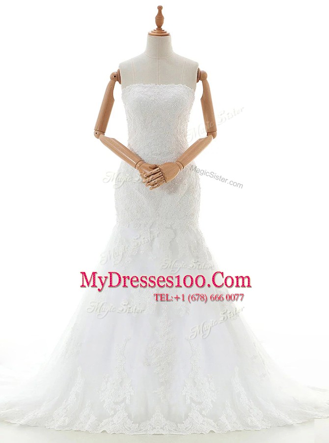 Free and Easy Mermaid White Sleeveless Brush Train Lace and Appliques With Train Wedding Gowns