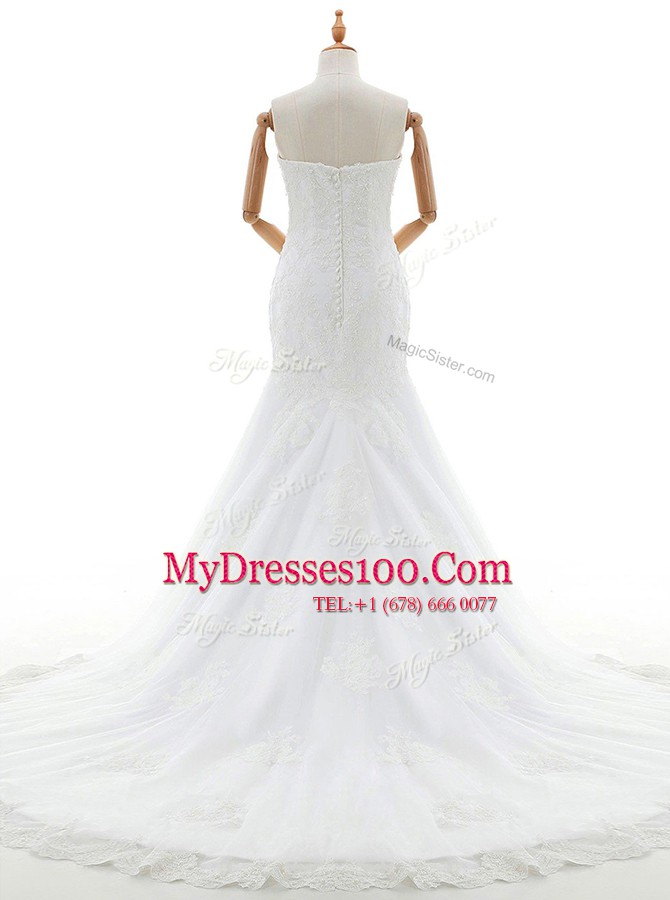 Free and Easy Mermaid White Sleeveless Brush Train Lace and Appliques With Train Wedding Gowns