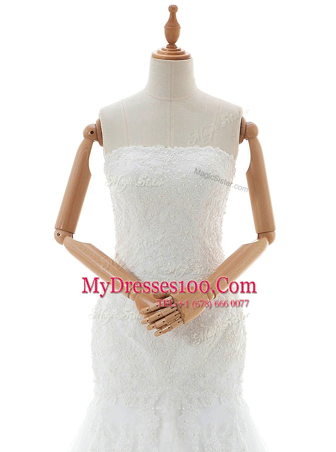 Free and Easy Mermaid White Sleeveless Brush Train Lace and Appliques With Train Wedding Gowns