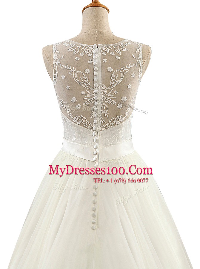 With Train A-line Sleeveless White Wedding Gown Brush Train Clasp Handle