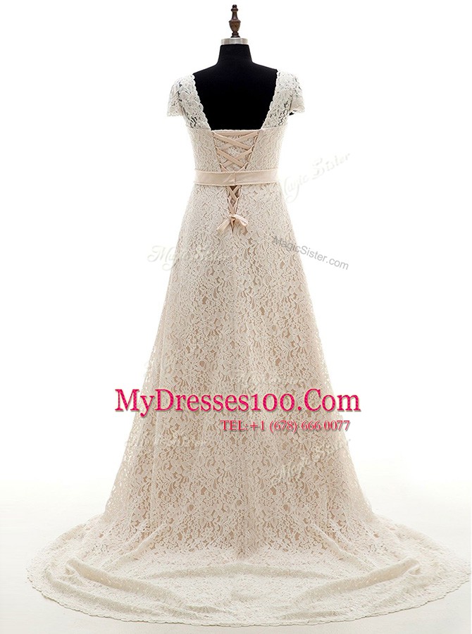 Champagne Lace Up Wedding Gown Lace and Belt Short Sleeves With Brush Train