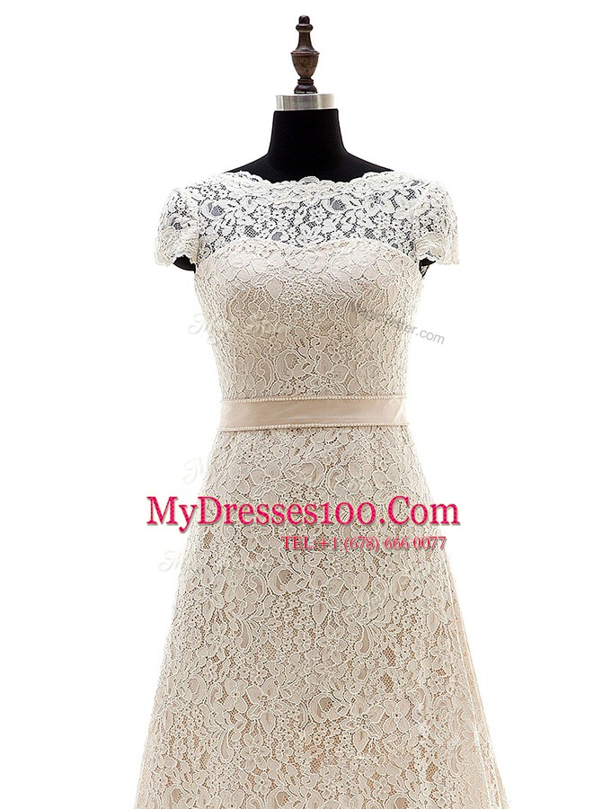 Champagne Lace Up Wedding Gown Lace and Belt Short Sleeves With Brush Train