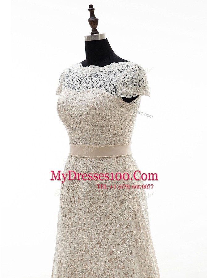Champagne Lace Up Wedding Gown Lace and Belt Short Sleeves With Brush Train