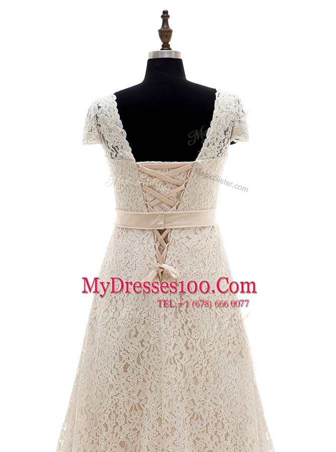 Champagne Lace Up Wedding Gown Lace and Belt Short Sleeves With Brush Train