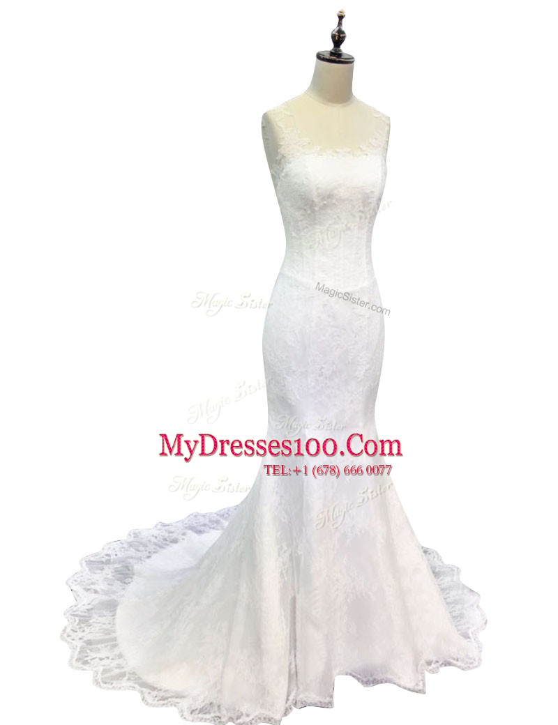 Mermaid White Zipper Scoop Lace and Appliques Wedding Gowns Lace Sleeveless Sweep Train