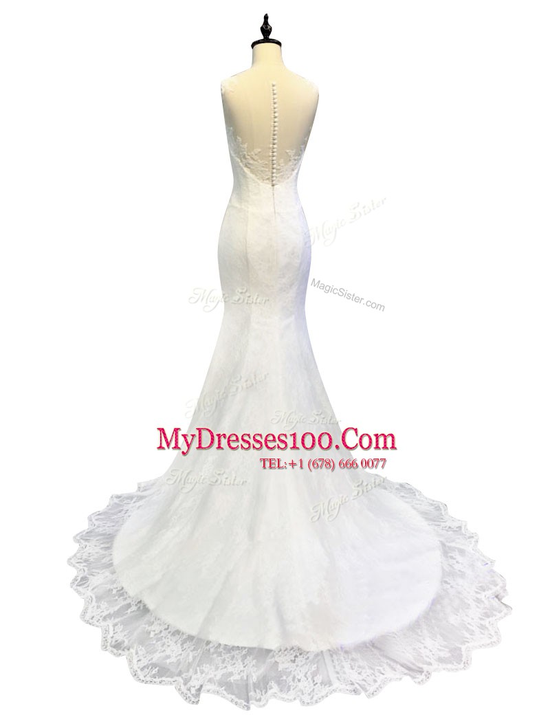 Mermaid White Zipper Scoop Lace and Appliques Wedding Gowns Lace Sleeveless Sweep Train
