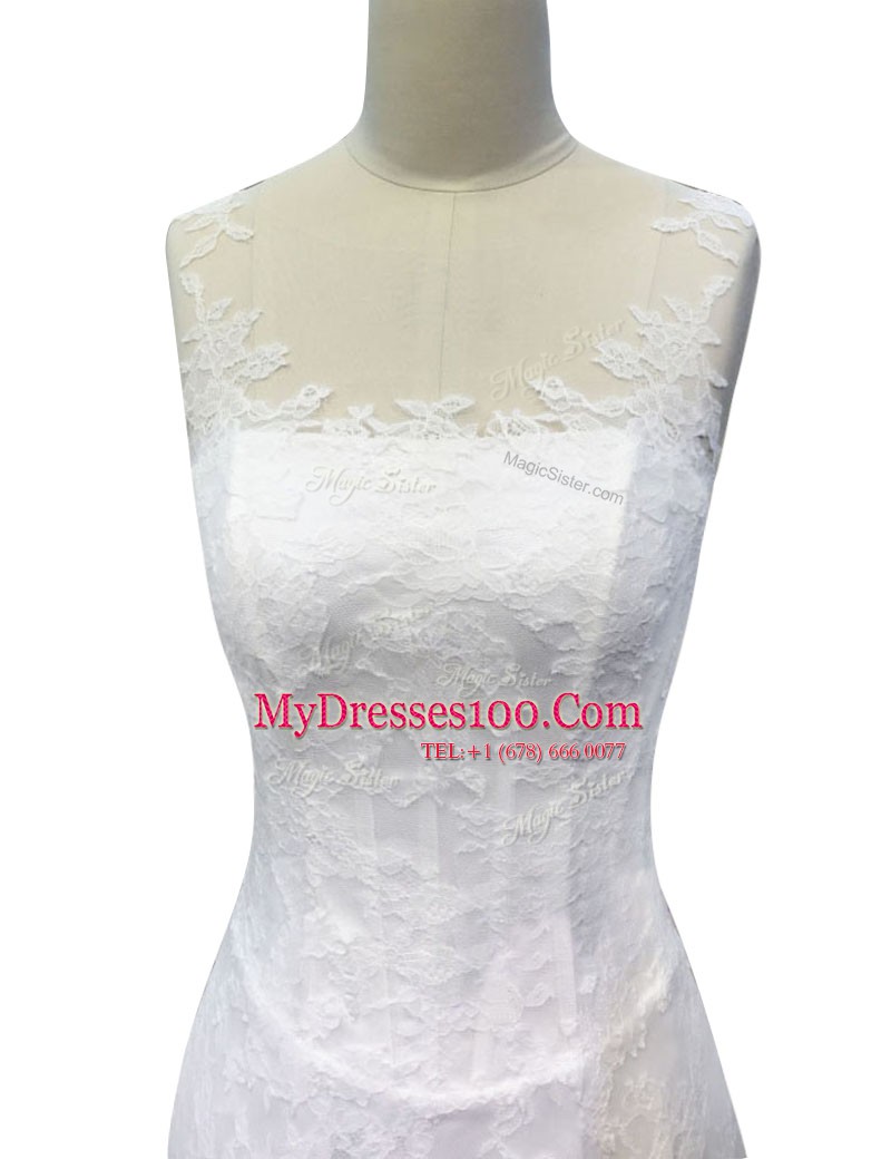 Mermaid White Zipper Scoop Lace and Appliques Wedding Gowns Lace Sleeveless Sweep Train